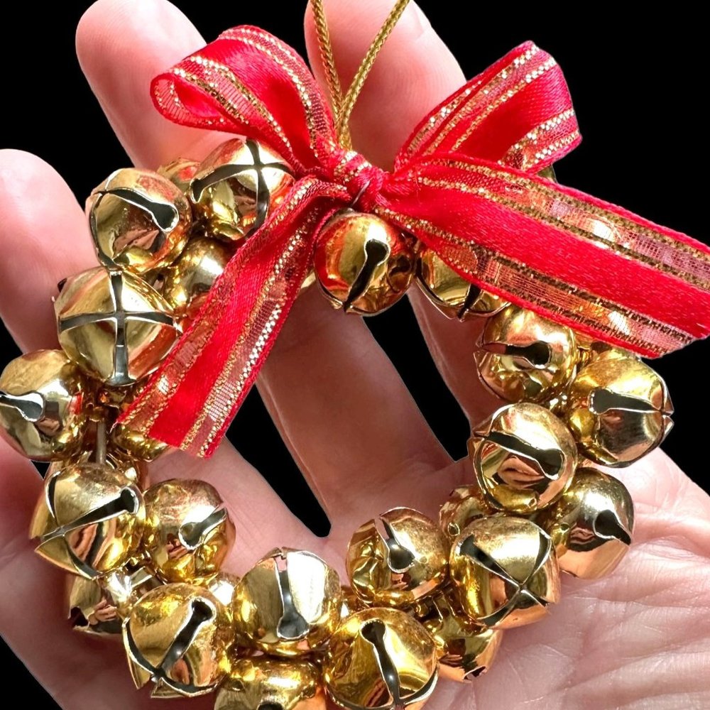 Vintage 90s Jingle Bells Ornament Gold Christmas Hand Painted Metal Holi…